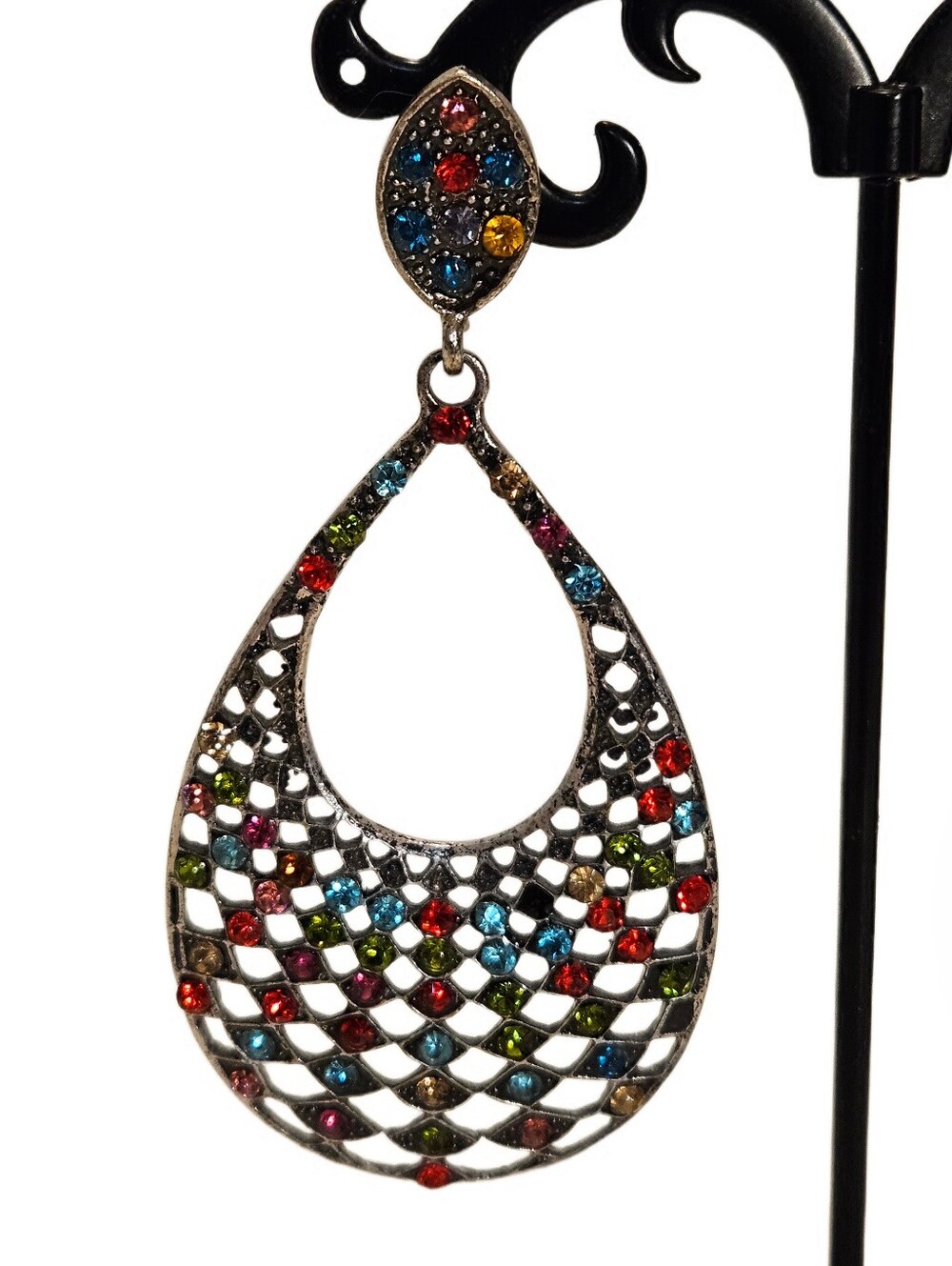 Silver Tone Multicolor Rhinestone Teardrop Statement Earrings - Picture 3 of 6